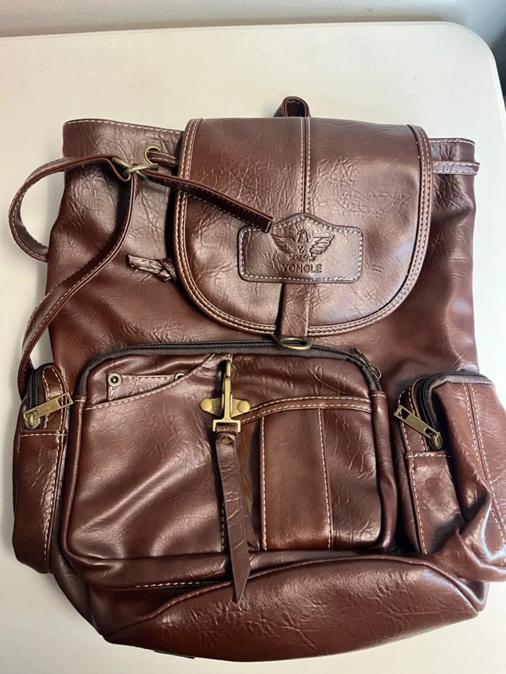 Brown I unisex Leather Backpack